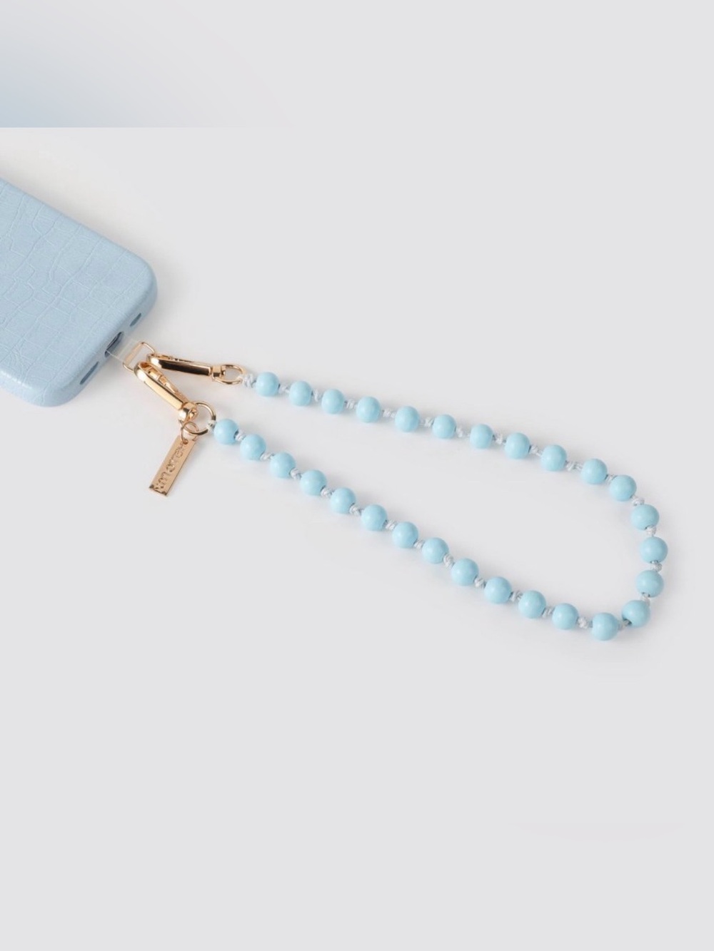 Beaded Phone Strap in Light Blue with Gold Hardware